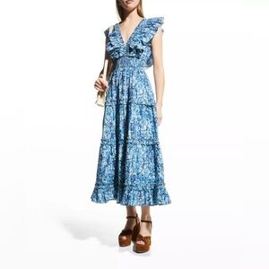 Love The Label Azalea Blue Tiered Ruffle Maxi Dress Floral Womens Size XL